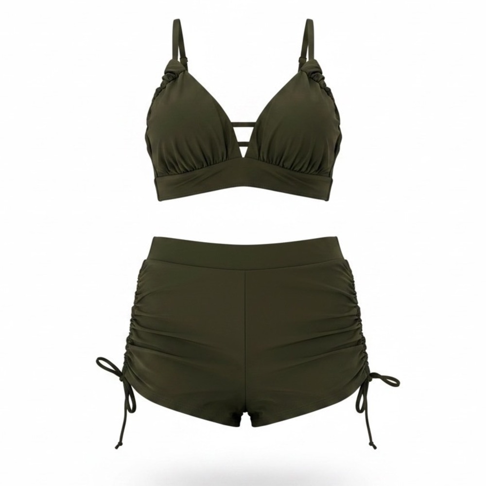 Grace Karin Womens Olive Ruched High Waisted Two Piece Swimsuit Set 2XL NEW